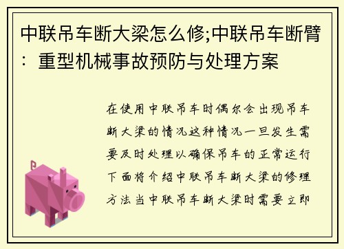 中联吊车断大梁怎么修;中联吊车断臂：重型机械事故预防与处理方案